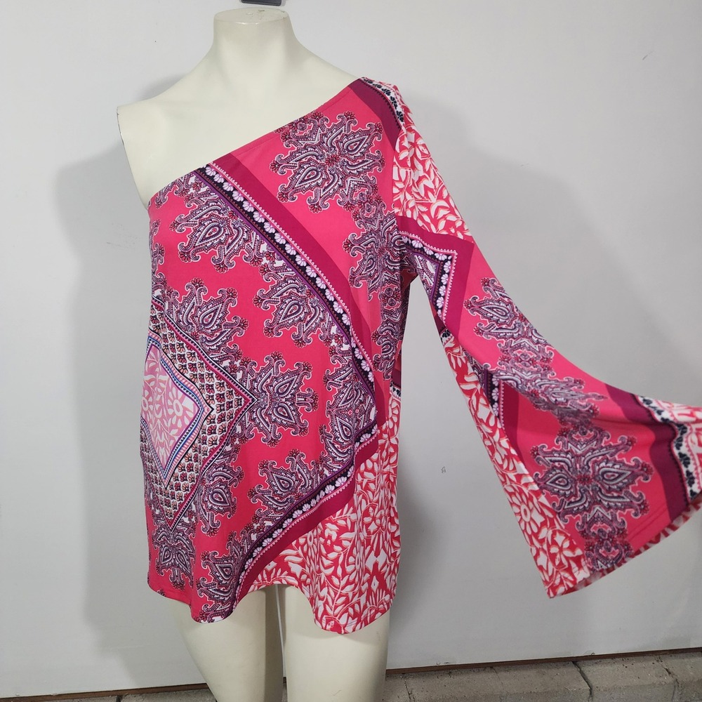 Chico's Refined Borders‎ One Shoulder Top Size 2 US L Pink Paisley Bell Sleeve